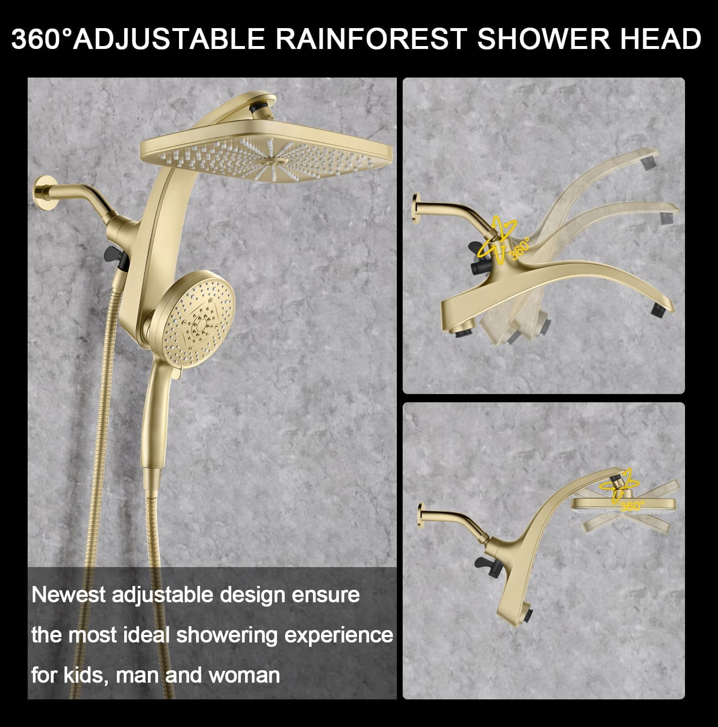 Upgrade Shower Heads with Handheld Spray Combo: High Pressure Rain Shower Head with Fixed Showerhead and 10 Sprays Handheld Shower Head, Detachable Shower head with Built-in Magnetic Docking and Powe