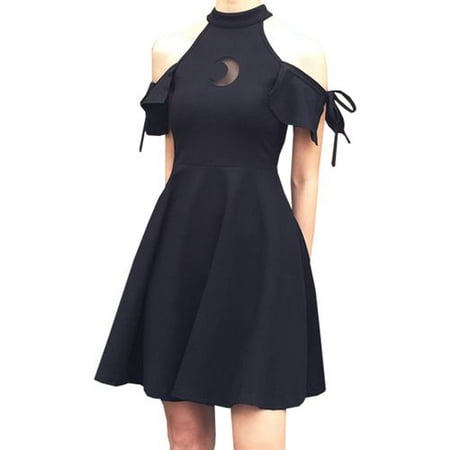 Fancyleo New Summer Fashion Gothic Punk Clothing Women Girls Black Halter Sexy Off Shoulder Dress Crescent Hollow Out Dresses