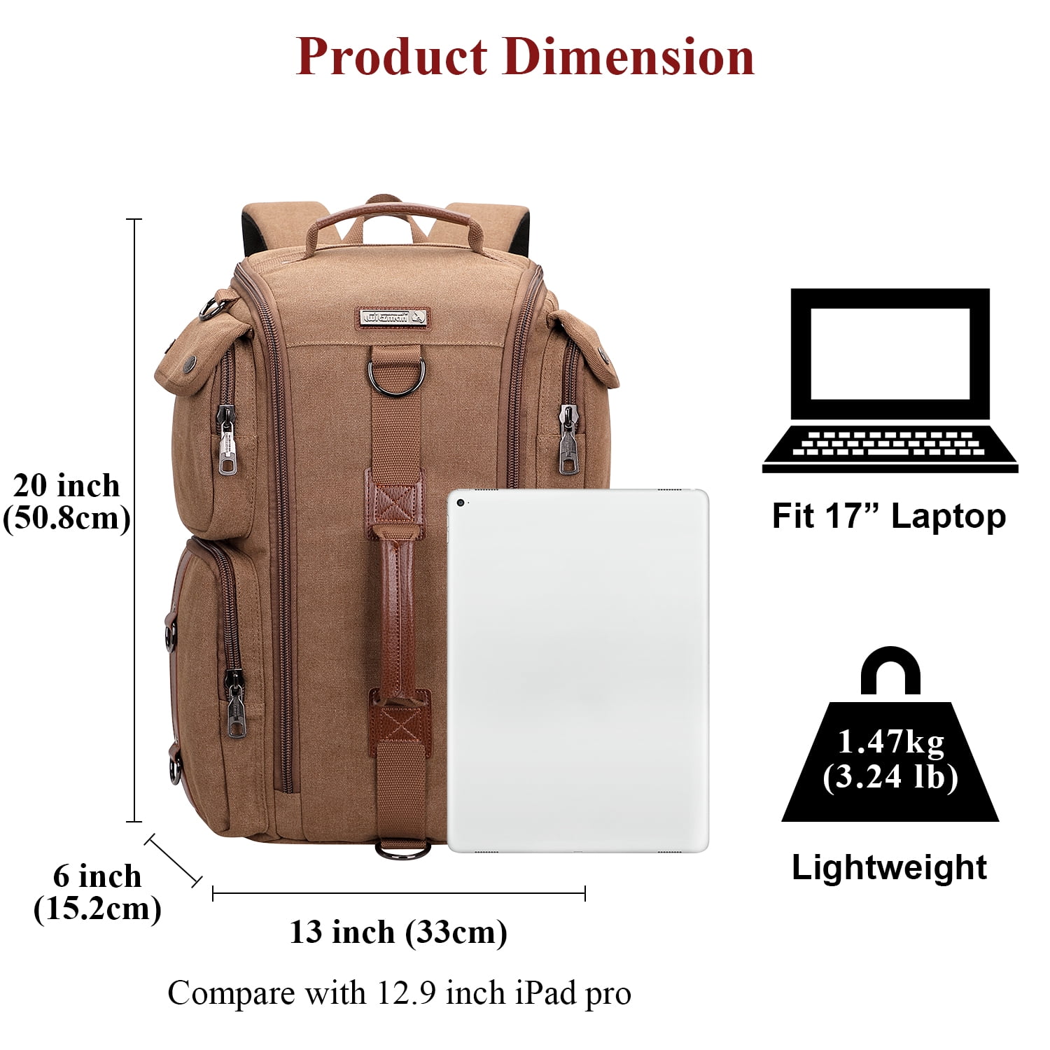 WITZMAN Travel Backpack for Men Carry On Canvas Backpack Luggage Outdoor Duffel Bag (6661 Brown)