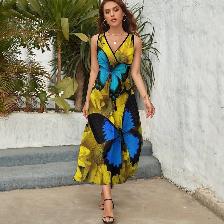 Stunning Blue Butterfly On Sunflowers Womens Night Club Maxi Dress V Neck  Sleeveless Bohemia Long Dresses - Walmart.com