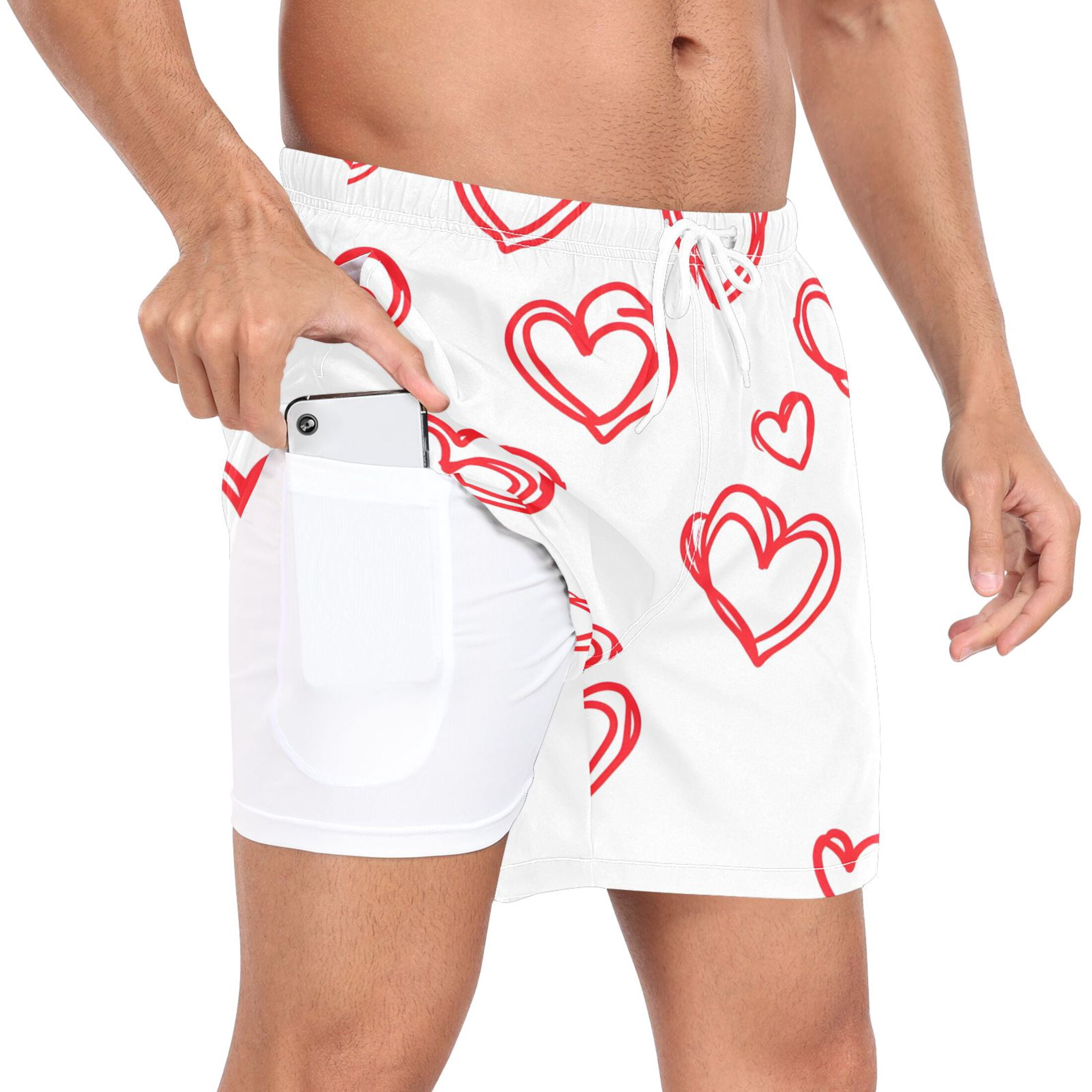 joogoo Men's Hearts Love Swim Trunks with Liner Pocket Beach Shorts Large