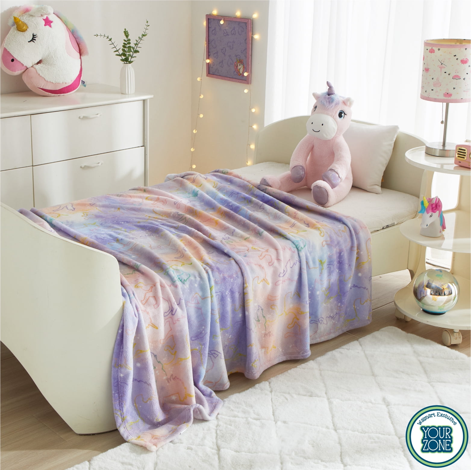 (2 pack) Your Zone 16 " Huggable Unicorn Pillow & 50" x 60" Throw Set, Pink