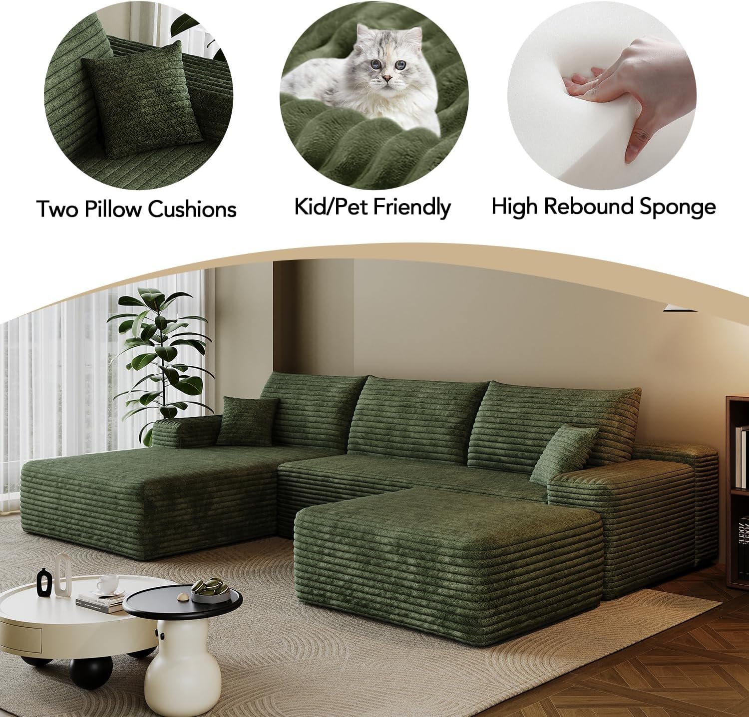 103" Cloud Sectional Sofa, Modern L Shaped Deep Seat Couch, Plush Corduroy Upholstered Sofa No Assembly, Living Room