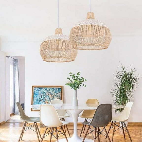Viaurbe Handwoven Rattan Kitchen Island White Pendant Lighting Wicker Lamp Shade