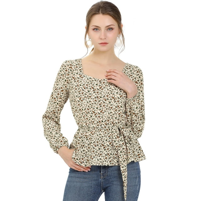 INSPIRE CHIC Blouse à Manches Longues Florale à Encolure Carrée avec Ceinture pour Femmes