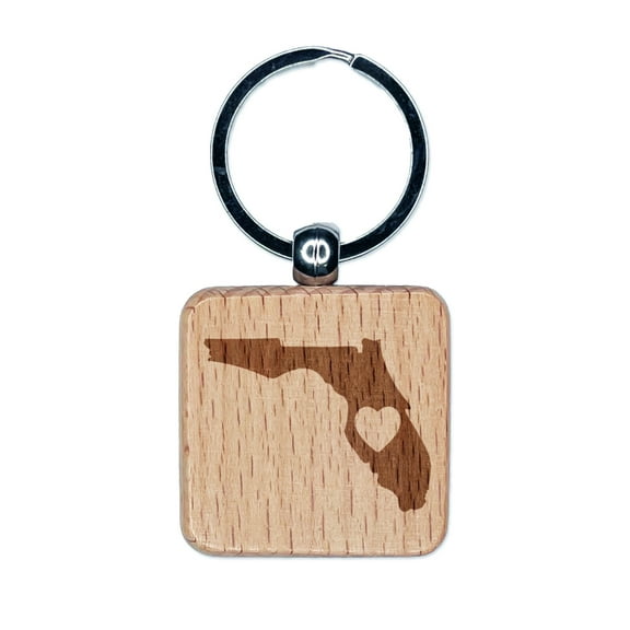 Florida State with Heart Square Keychain Charm Tag - Engraved Wood
