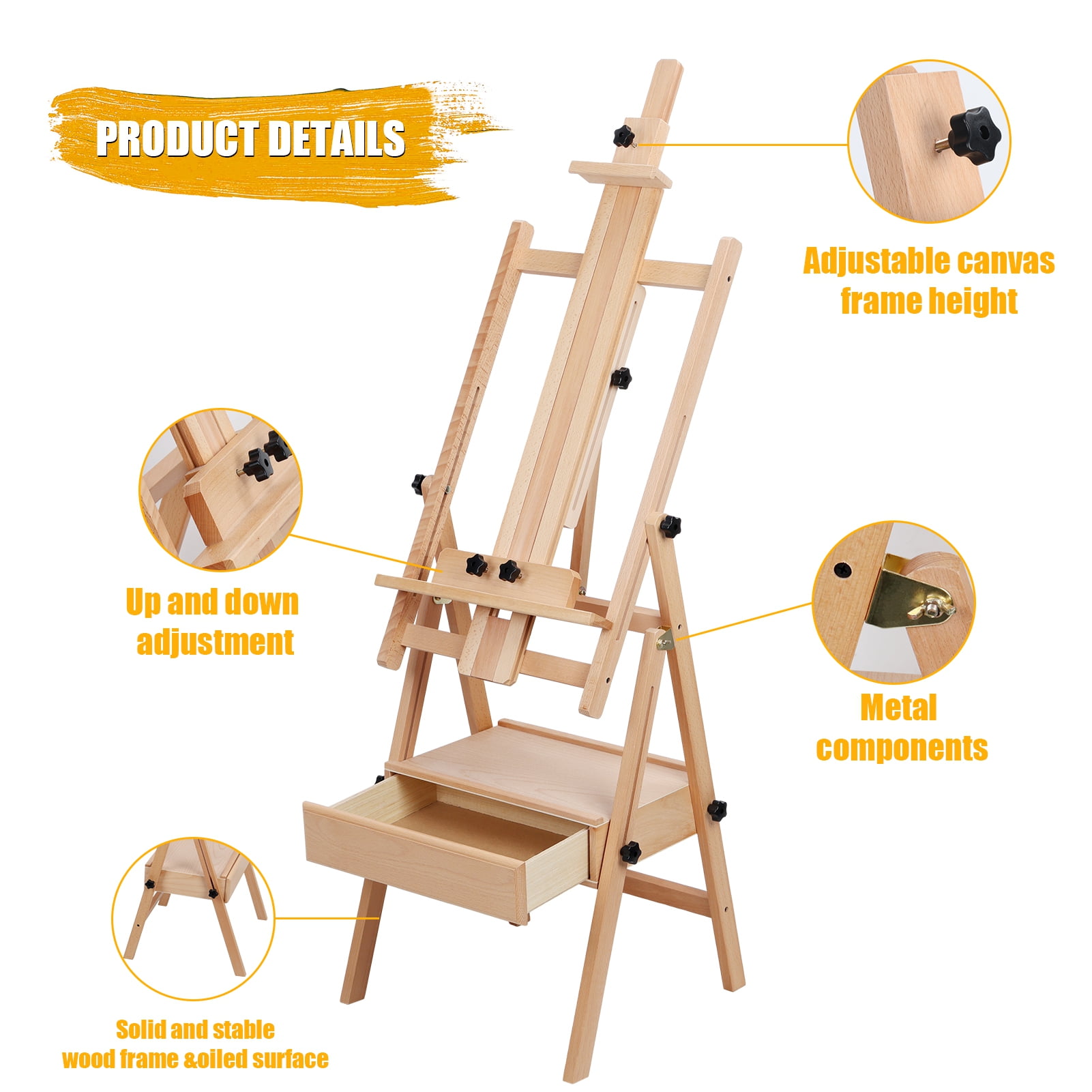 H Frame Easel, French Easel with Casters, Solid Beech Wood Easel, Painting Canvas Holder Stand, Tilts Flat Artist Easel, Height Angle Adjustable Queroig