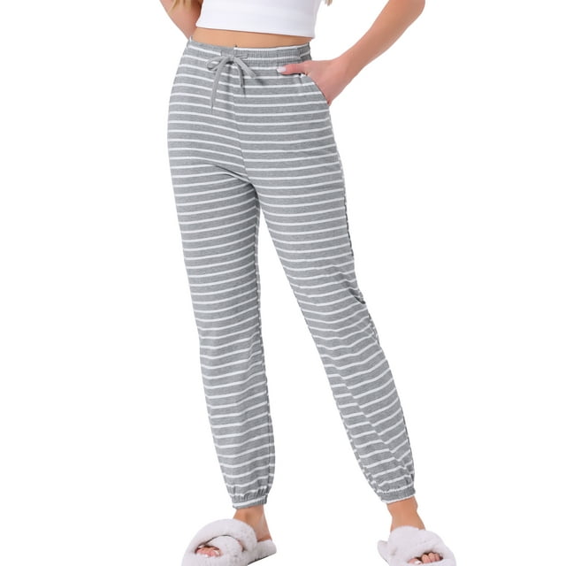 Pantalones de pijama de algodón para mujer INSPIRE CHIC con cordón, cintura elástica, rayas, pantalones de lounge y yoga con bolsillos, L, raya gris