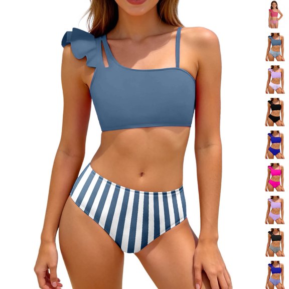 Bigetiay 2 Piece Swimsuit for Girls One Shoulder Ruffled Sleeve Bikini Set with Adjustable Straps Girl Bathing Suit 13-14 Years