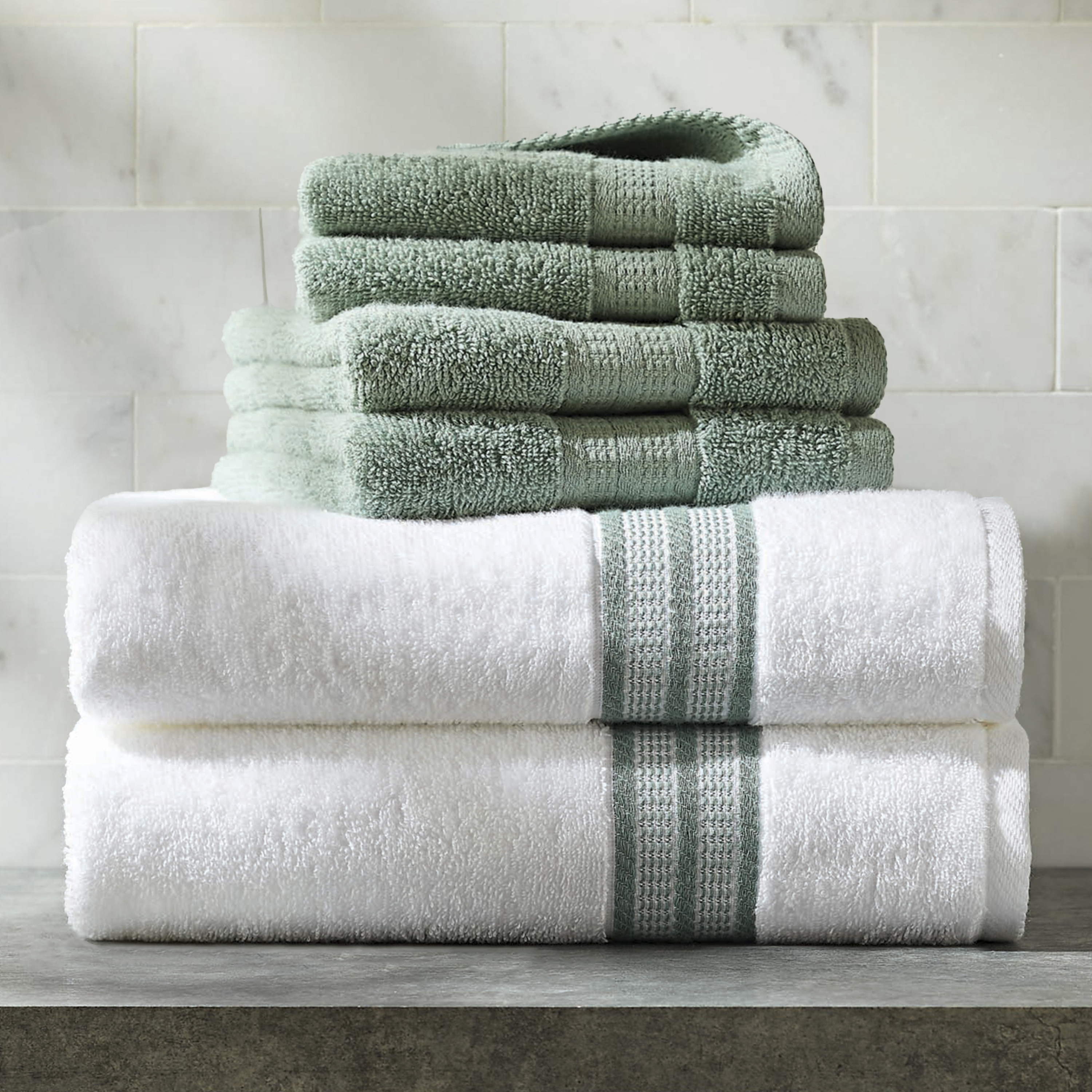 Better Homes & Gardens 6-Piece Bath Towel Set, Green Solid/Stripe - image 2 of 12