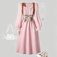 thumbnail image 6 of Girls Victorian Style Dress Puff Sleeve Square Neck Cinched Waist Midi Dress Big Girls Elegant Lace Cuff Tunic Outfits Pink 8-9 Years, 6 of 8