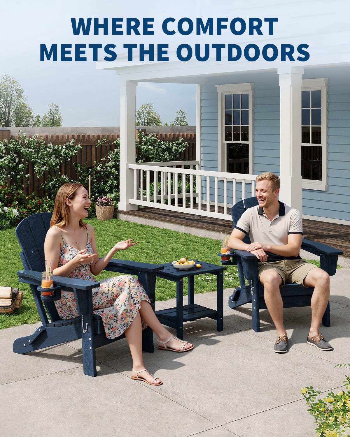 Folding Adirondack Patio Chair, All-Weather HDPE Outdoor Chair with Wooden Texture and Cup Holder, Weather Resistant, Lawn Chair for Garden, Deck, Fire Pit, Navy Blue