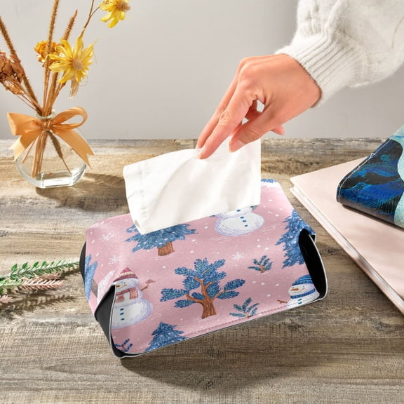 Blue Christmas Trees Snowman Leather Tissue Box Cover Rectangle Tissue Holder Foldable