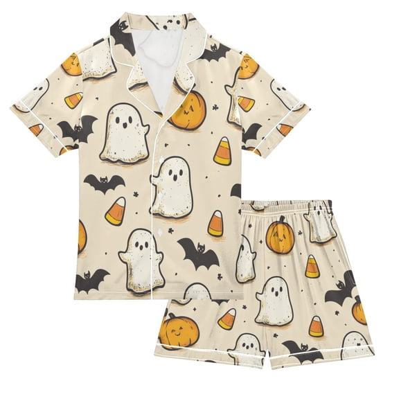 FORMRS Kids Satin Short Sleeve Pajama Set Unisex Top and Pants Soft 2-Piece Sleepwear, Sizes 5-6Y, Halloween Cute Ghosts