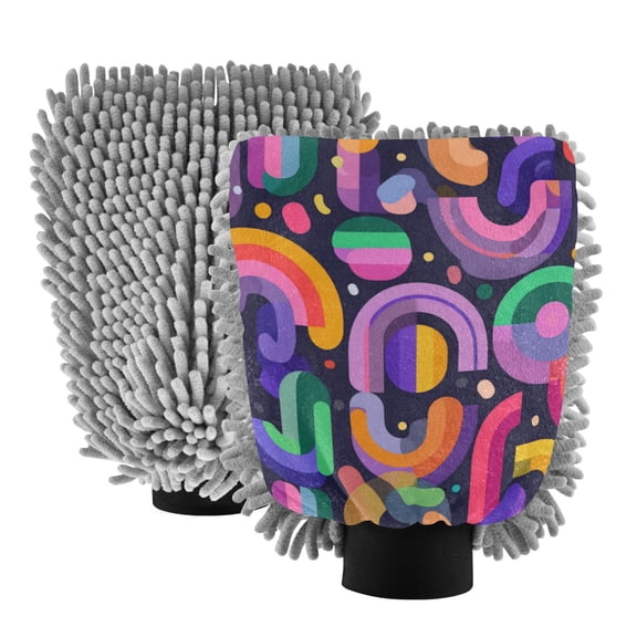 Microfiber Car Wash Gloves With Chenille & Polyester Terry Scratch-Free Cleaning Elastic Cuffs Vector Pattern Thick Neon