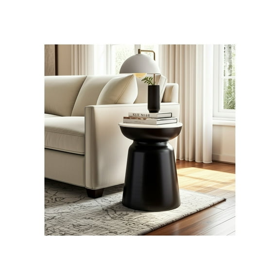 Modern Contemporary Accent Table with Marble Top and Iron Base, Sculptural Design for Living Room, Bedroom, Office or Home Decor - 20" Black