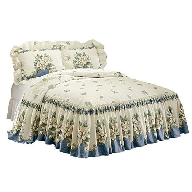 Collections Etc Floral Ruffle Magnolia Garden Bedspread, Queen, Blue