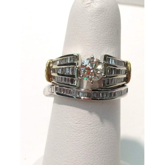 14K White & Yellow Gold Plated Silver Baguette Cut Diamond Wedding Bridal Ring Set For Gift