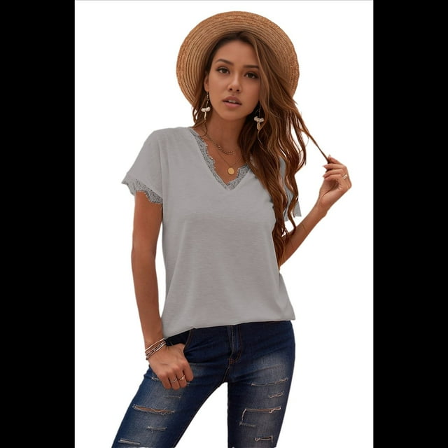 Camiseta de Corta para Mujer, Cuello en V, Ribete de Encaje Floral, Corte Clásico, Color Liso, Informal, Parte Inferior Gris XL