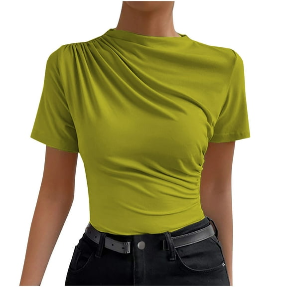 fatyb Womens Slim T-Shirts Ruched Short Sleeve Crop Tops Mock Neck Casual Going out Tees Shirts