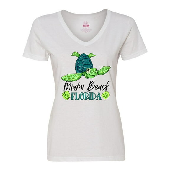 Inktastic Miami Beach, Florida Happy Sea Turtle Women's V-Neck T-Shirt
