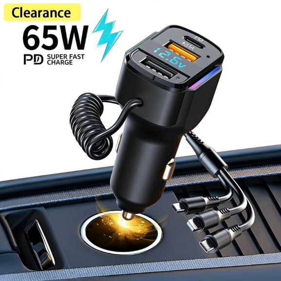 Elnone USB C Car Charger, Multi-Port Adapter with 3-in-1 Cable for 12-24V Vehicles