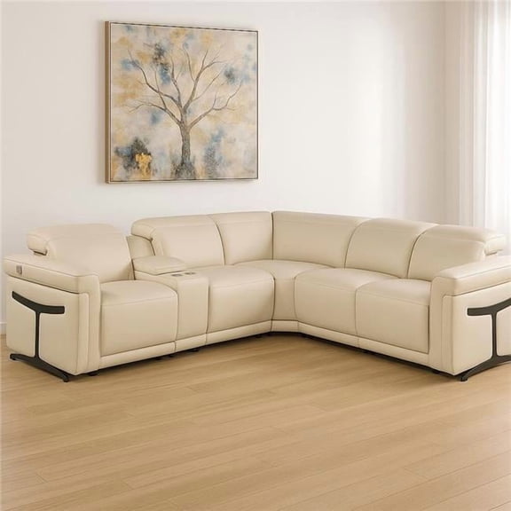 HomeRoots 534847 Beige Italian Leather Modular L Shaped 6 Piece Corner Sectional with Console