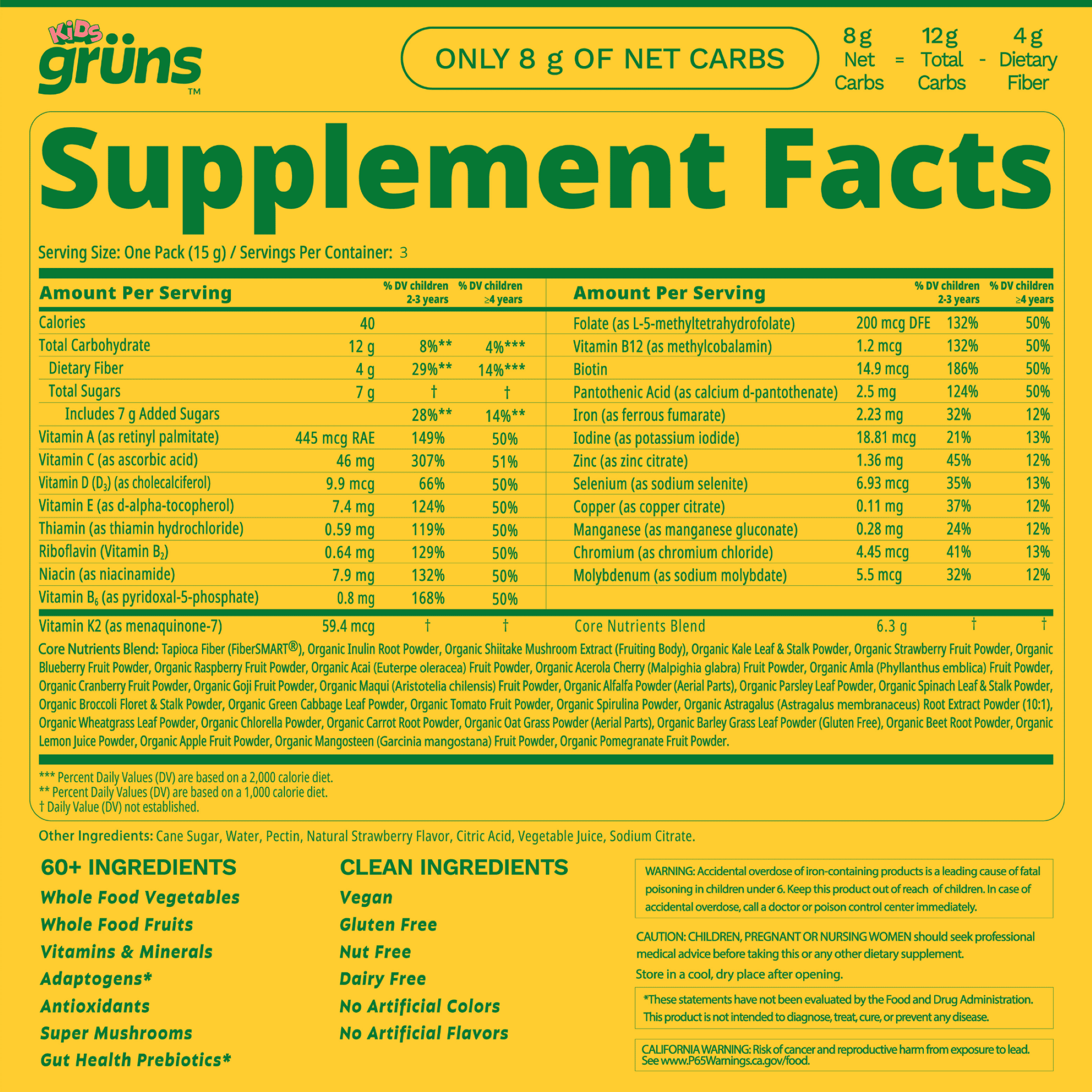 Gruns Kids Superfood Greens Multivitamin Gummies with 4g of Fiber for Ages 2+, 3 Count
