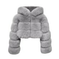 thumbnail image 5 of XPMWRP Winter Cropped Coats Womens Faux Fur Jacket Long Sleeve Hooded Jackets Zipper Fuzzy Short Coat Outerwear Gray L, 5 of 9