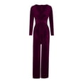 thumbnail image 3 of Velvet Jumpsuits for Women Elegant V Neck Playsuits Long Sleeve High Waist Romper Velour Belted Dungarees Petite Overalls Wedding Party Clubbing Jumpsuit, 3 of 4