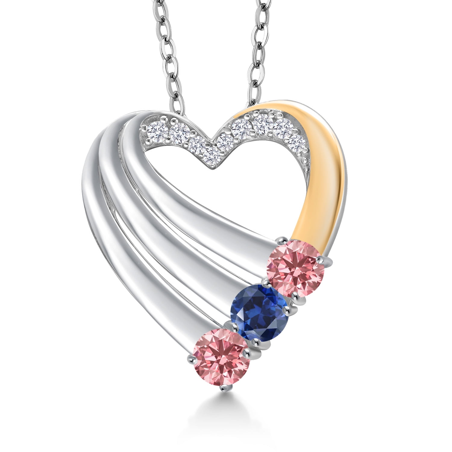 925 Silver and 10K Yellow Gold Pink Lab Grown Diamond and Blue Created Sapphire and White Lab Grown Diamond Heart Pendant for Women | 0.85 Cttw | Gemstone April Birthstone | With 18 inch Chain