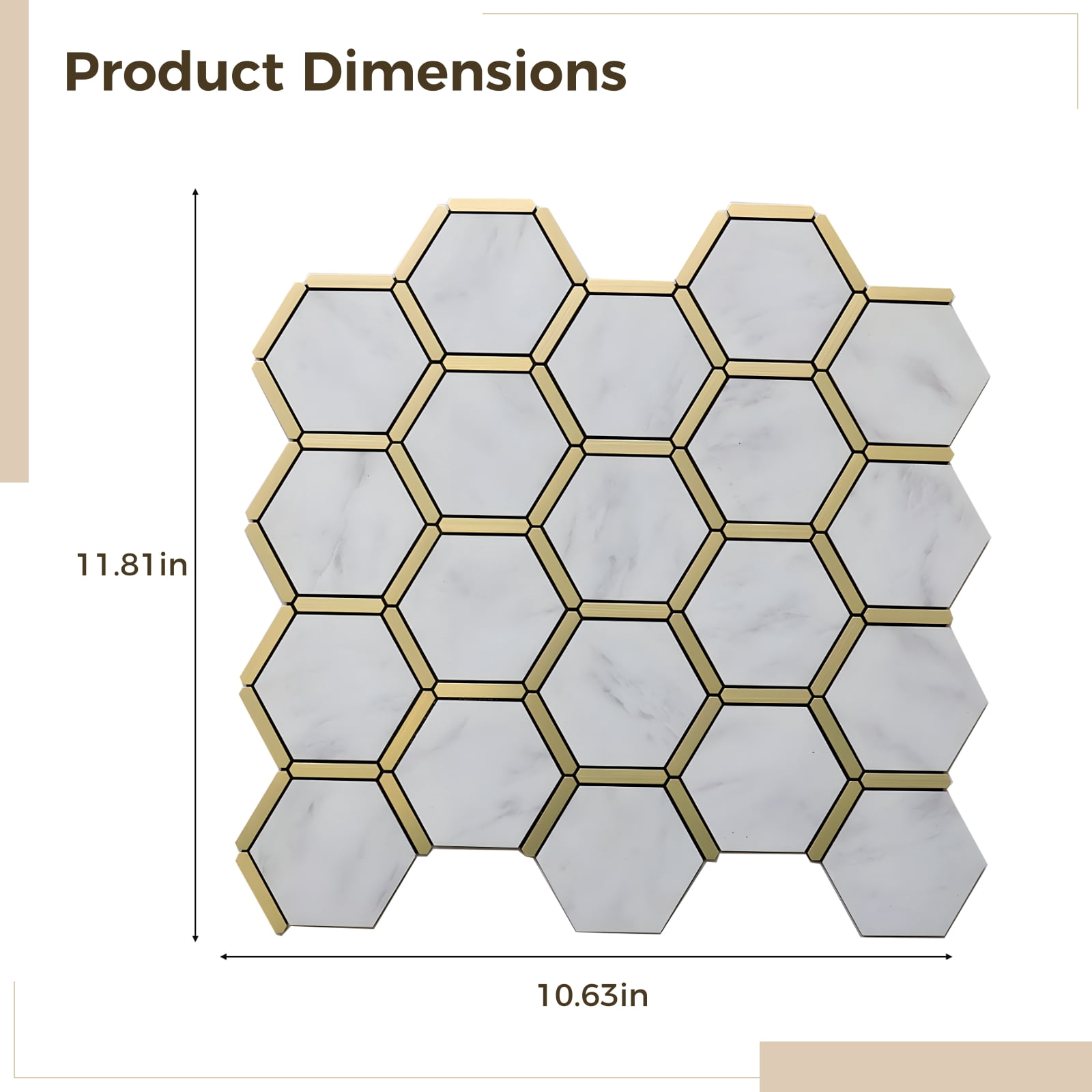 10 Pcs Hexagon Peel and Stick Tile Backsplash, PVC Self-Adhesive White Marble Effect with Gold Accents, Easy Install for Kitchen and Bathroom, Waterproof, Heat-Resistant, Ideal for TV Wall and More