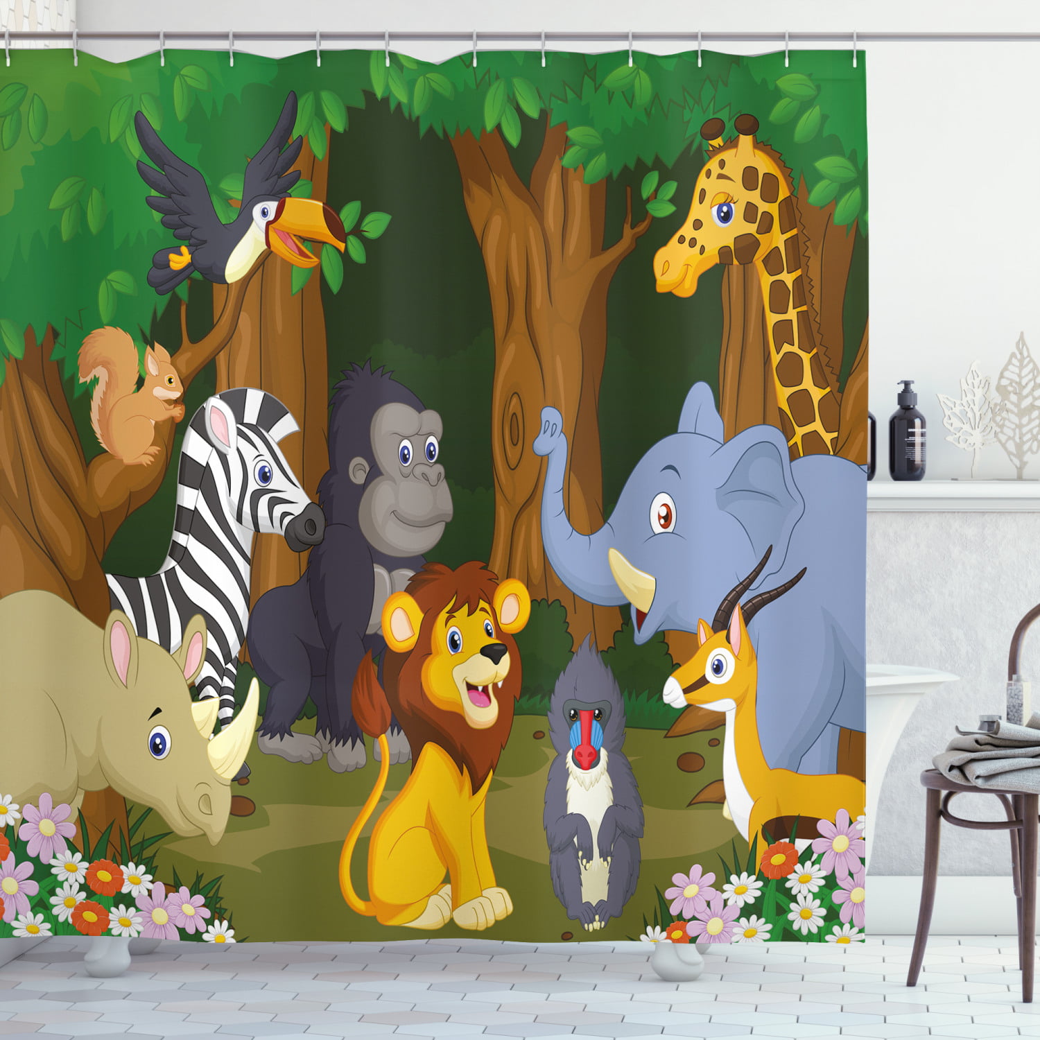 Cute Lion Watercolor Animal Bathroom Fabric Shower Curtain & 12 Hooks 71*71 Inch 
