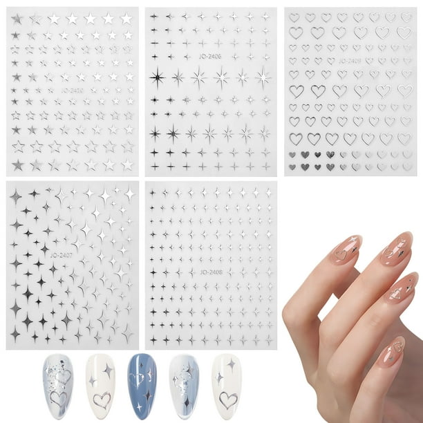 5 hojas de pegatinas autoadhesivas para decoración de uñas, con forma de estrella y corazón, para manicura y decoración de uñas.