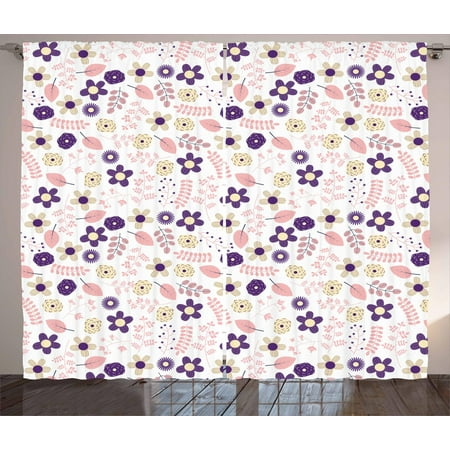 - Floral Curtains 2 Panels Set, Abstract Combination of Spring Flowers Dahlias Chrysanthemum and Leaves, Window Drapes for Living Room Bedroom, 108W X 84L Inches, Purple Coral and Cream, by Ambesonne