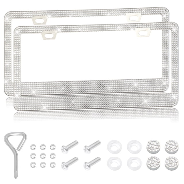 MesaSe 2PCS Bling Car License Plate Frame Sparkly Rhinestone Stainless Steel License Plate Cover/Holder Universal for Most Cars SUVs Vehicles with Screw Set Auto Accessories for Wome