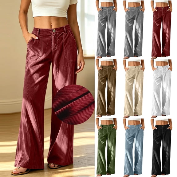 Horkkom Corduroy Pants Women Elastic Waist Button Zipper Wide Leg Pants Soft Warm Loose Pants with Pockets, S-2XL