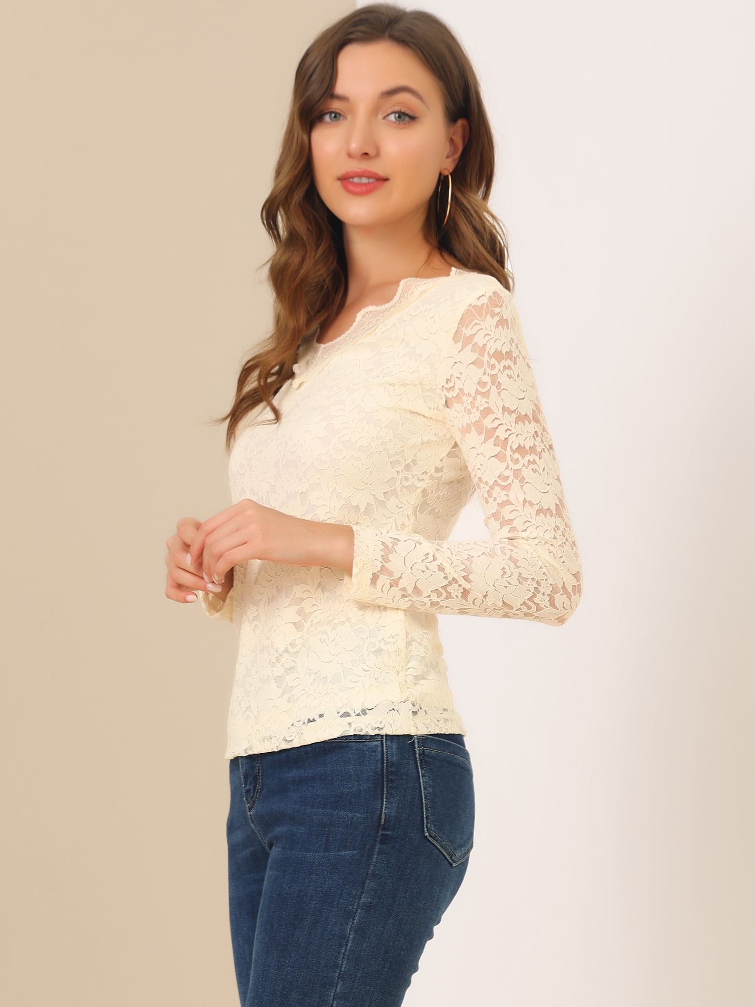 DARING DIVA Floral Lace Shirt Lace Scalloped Trim Blouse M Beige