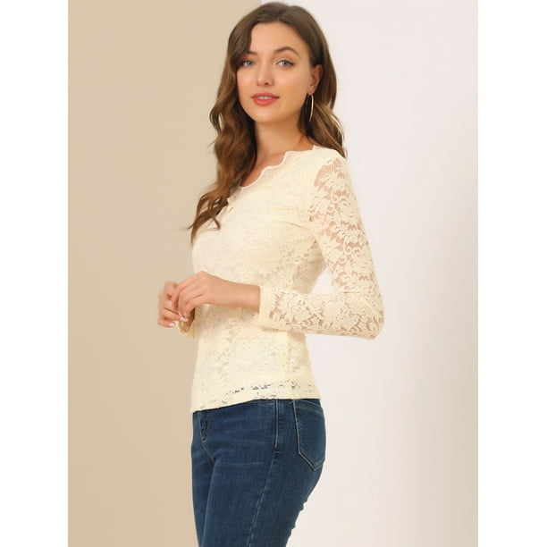 Top de blusa de encaje de manga larga transparente con bordado floral para mujer Beige L Allegra K Blusa