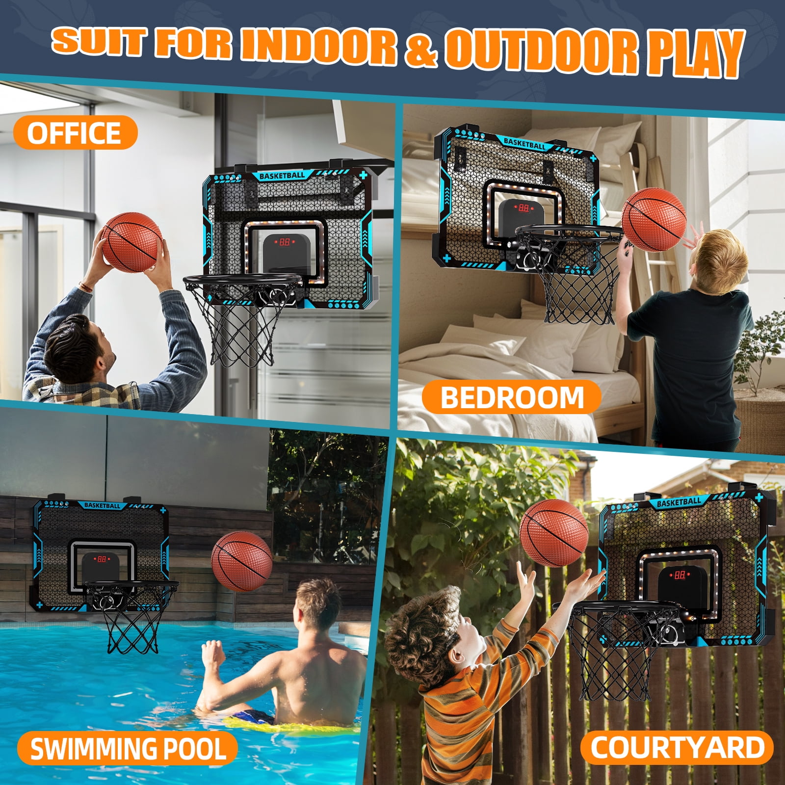 Eohemeral Indoor Mini Basketball Hoop for Kids,Over The Door Basketball Hoops with LED Lighting, Electronic Scoreboard, and 3 Balls