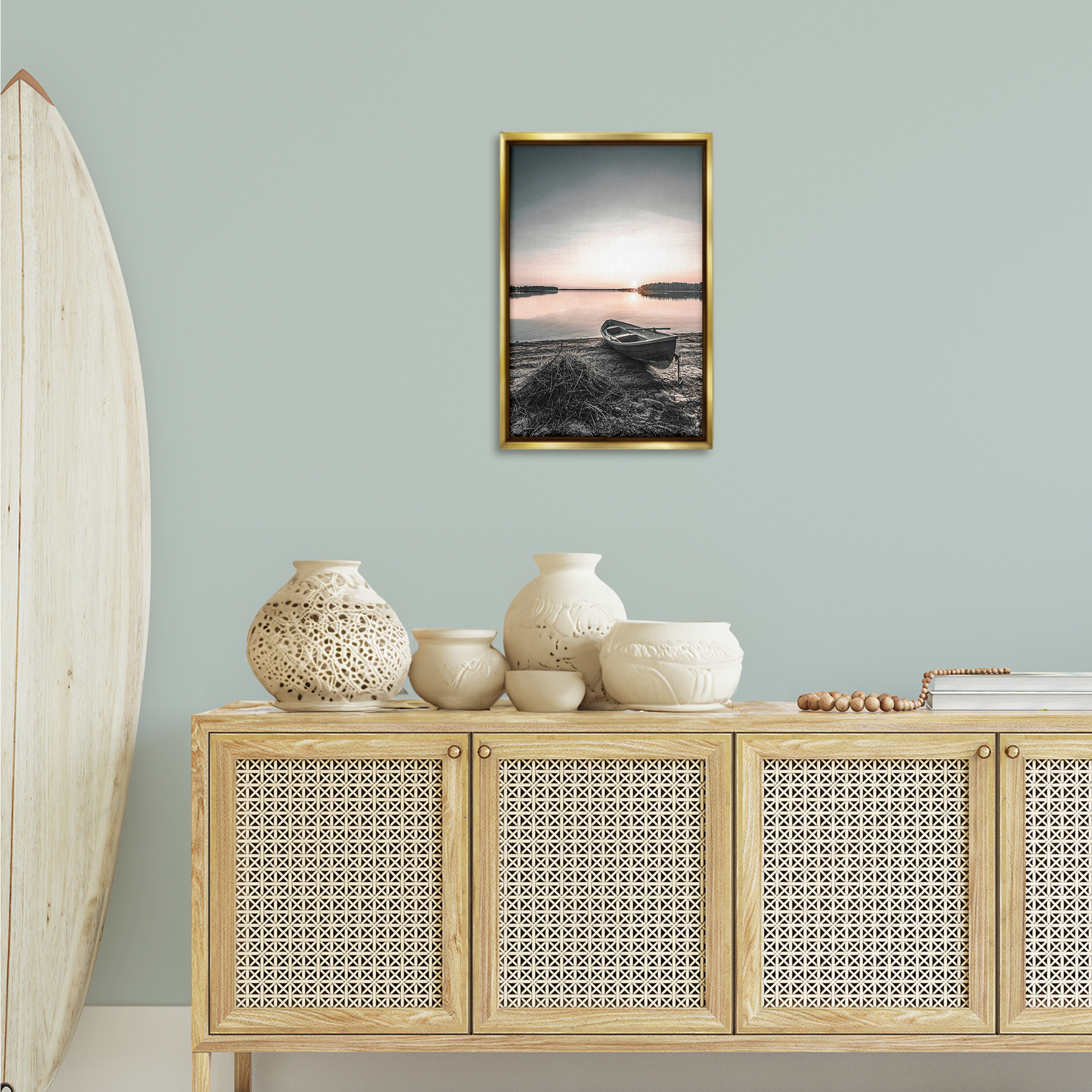 Stupell Industries Deserted Canoe on Shore Landscape Photography Gold Floater Framed Canvas Art Print Wall Art, 17 x 25