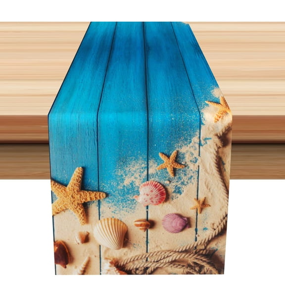 SUNOLIFE Summer Beach Theme Table Runner,Nautical Coastal Ocean Shell Starfish Kitchen Dining Table Decoration for Home Party 13 x 72 Inch