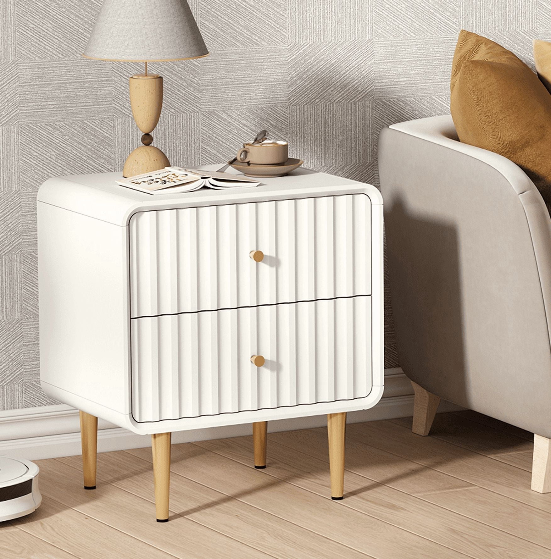 CBJCBJ 20" Modern Fluted Nightstand Set of 1, White Wood Bedside Table with 2 Drawers & Gold Metal Handles（White）
