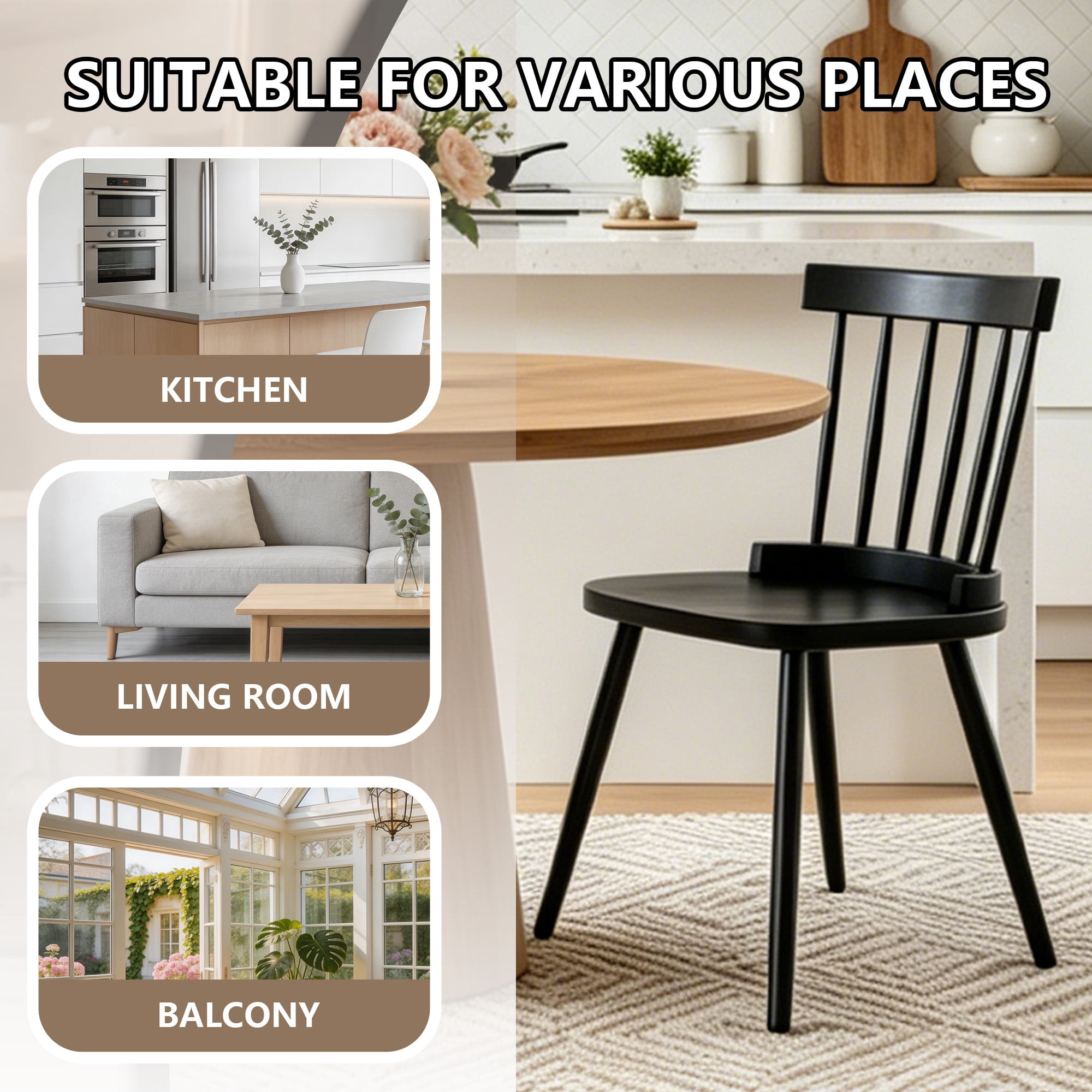 Fancrou Farmhouse Windsor Dining Chairs Set of 4, Spindle Back Metal Leg Chairs for Kitchen and Living Room, Country Style Restaurant Seating, Black