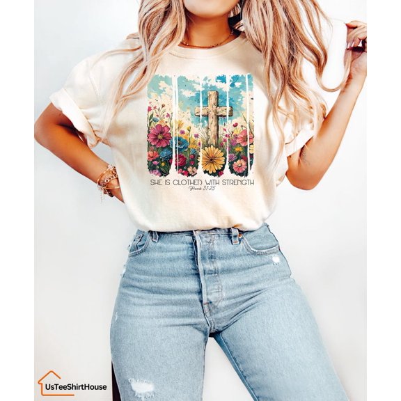 Sam Soft Christian Women's Shirt, She is Clothed with Strength Shirt, Bible Verse Shirt, Religious Shirt,Inspiration Bible Shirt,Christian