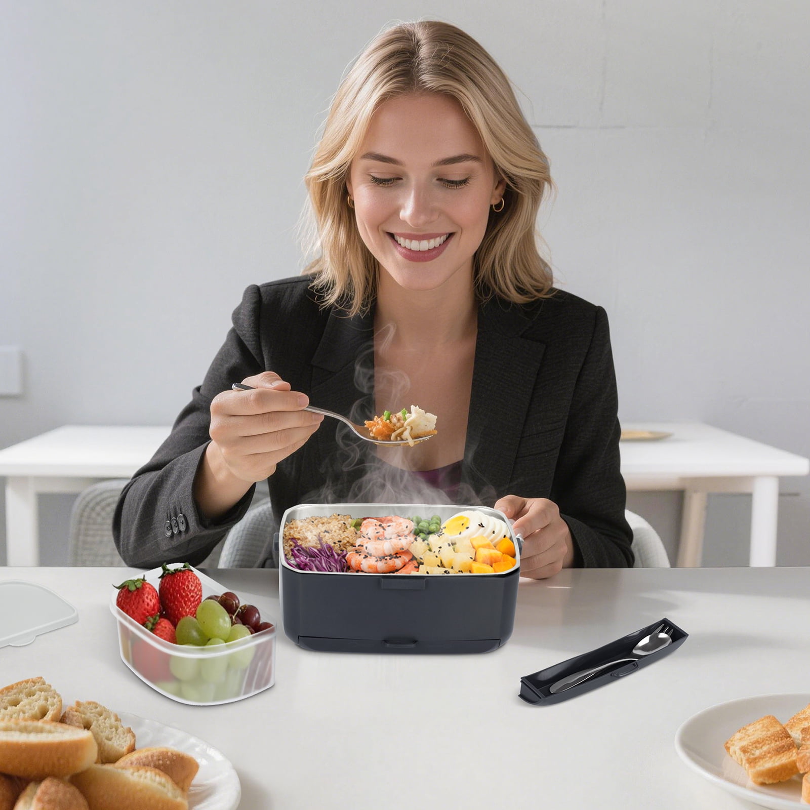 Ocalpur 2L Portable Electric Lunch Box, 110V/12V Car & Home Dual Use, PTC Heating & 304 Stainless Steel, 90W Quick Food Warmer Heated Lunch Box, Leakproof Food Heater for Office, Gray