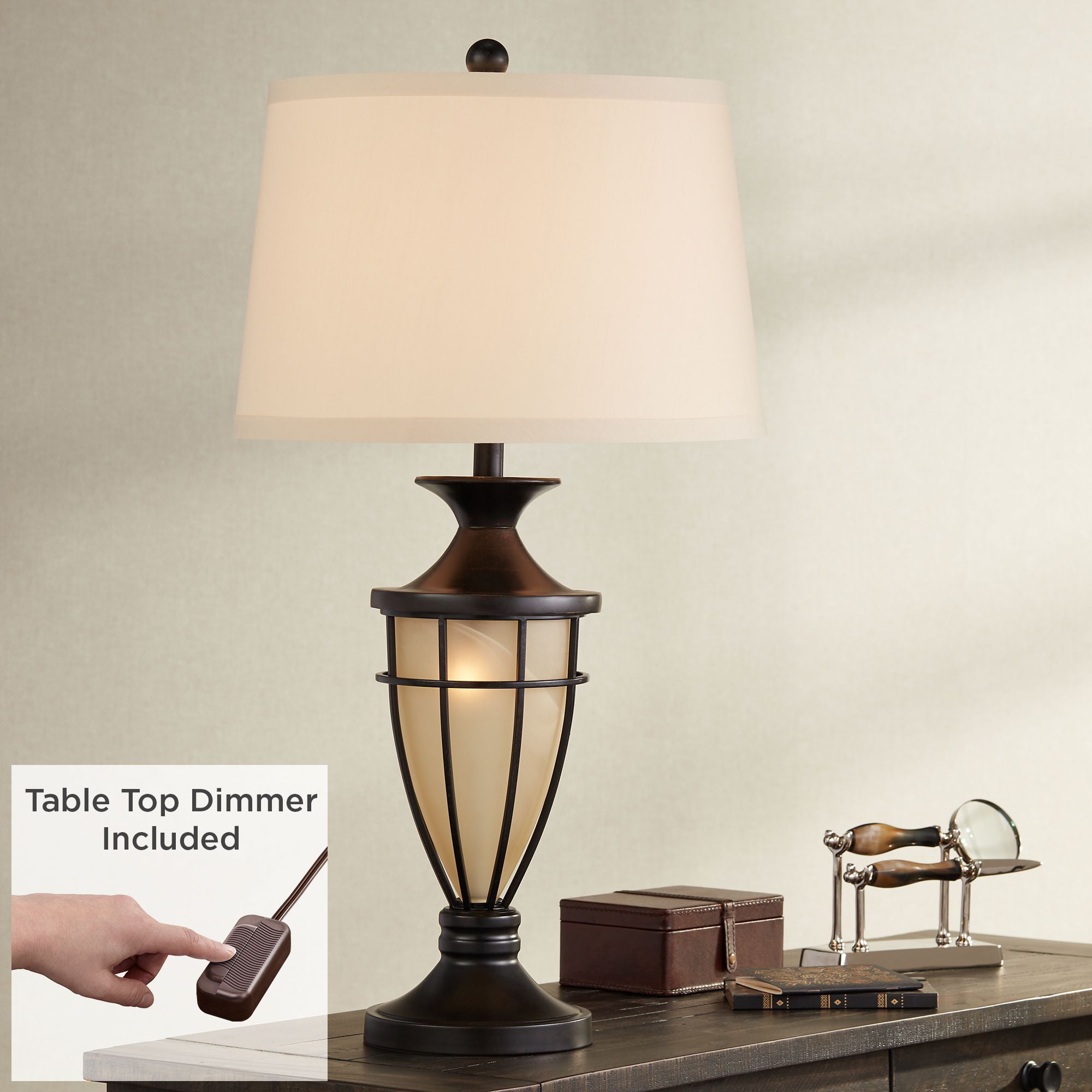 Iron Metal Glass Beige Drum Shade, Mission Table Lamp Tall