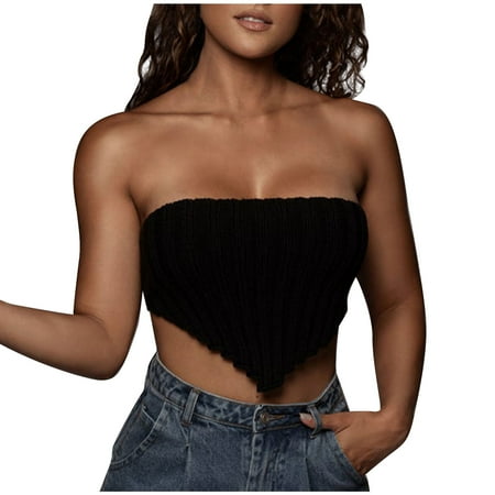 Ersazi Womens Fashion Tops in Clearance Womens Bra Knitted Sling Irregular Sleeveless Shoulder Tight Thin Wool Short Jacket Black S