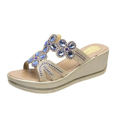 

Wodofoxo Promotion Women Ladies Bohemia Crystal Wedges Thick Peep Toe Sandals Slippers Shoes