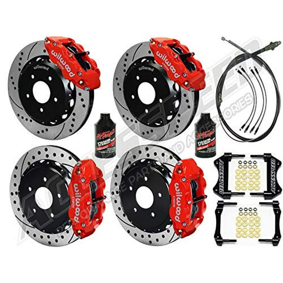 WILWOOD FRONT & REAR 14 BIG BRAKE COMBO WITH FREE BRAKE LINES, PARKING BRAKE CABLE & FLUID, SUPERLITE 14 FRONT & REAR, RED CALIPERS, DRILLED, 1976-1977 BRONCO W/2.36 OFFSET BIG REAR FLANGE